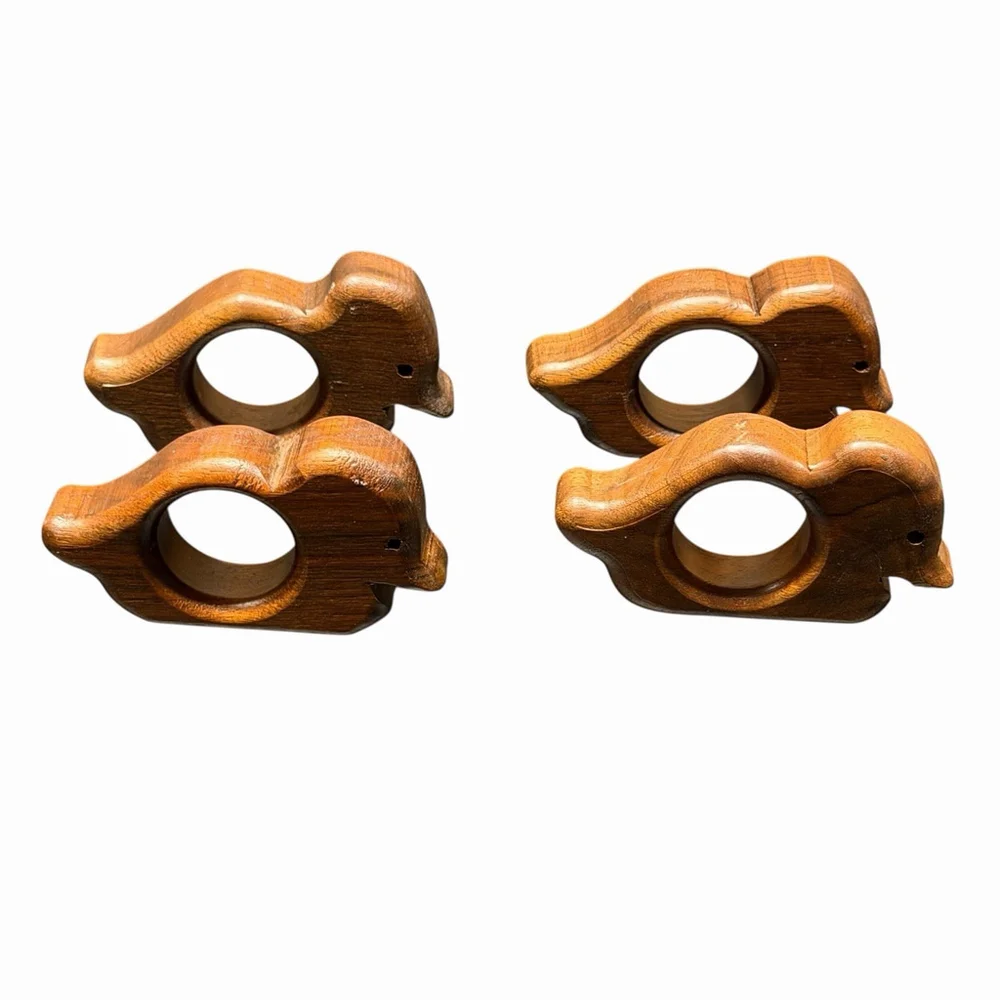 VTG Set Of 4 Bird/Duck Napkin Rings Hand Carved Wood Rustic‎ Artisan Cottage